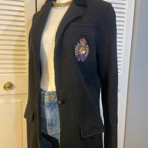 Lauren Ralph Lauren Black Blazer Wool & Velvet Detail with Embroidered Crest